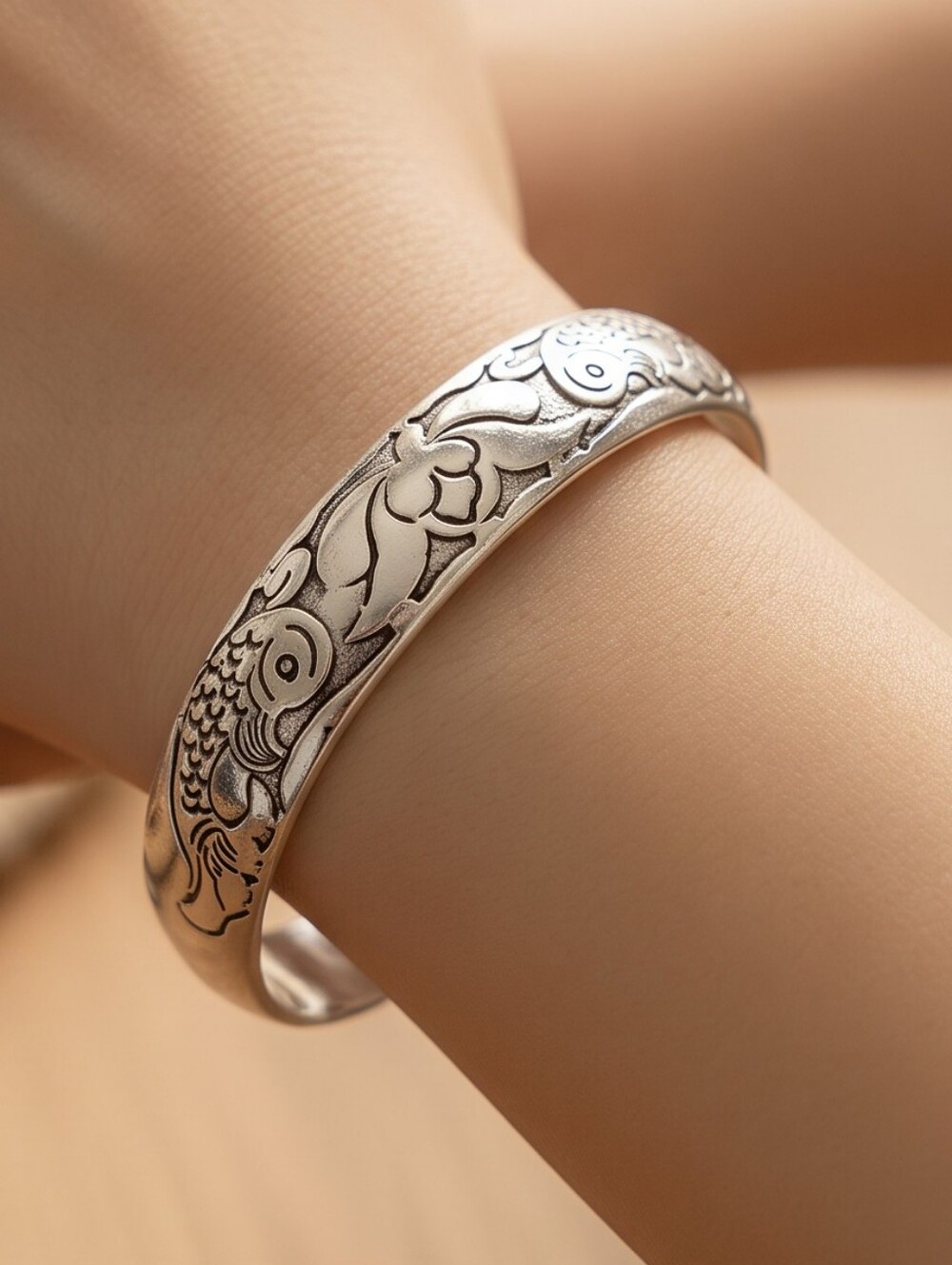Koi Fish Lotus Flower Engraved Silver Stainless Steel Open Bangle Bracelet Cuff